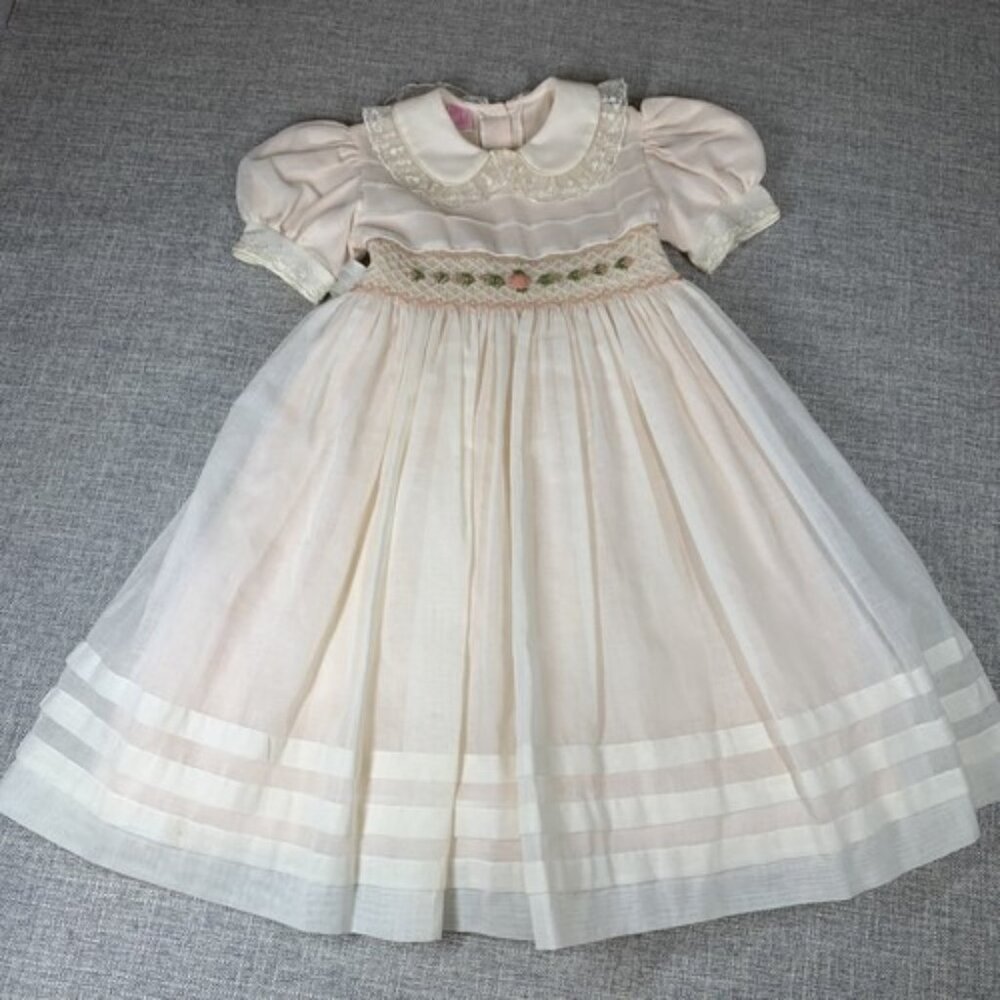 Vintage 1990’s Smocked Girls Dress Size 4 Cream & Coral Gauze Lace Layered Party
